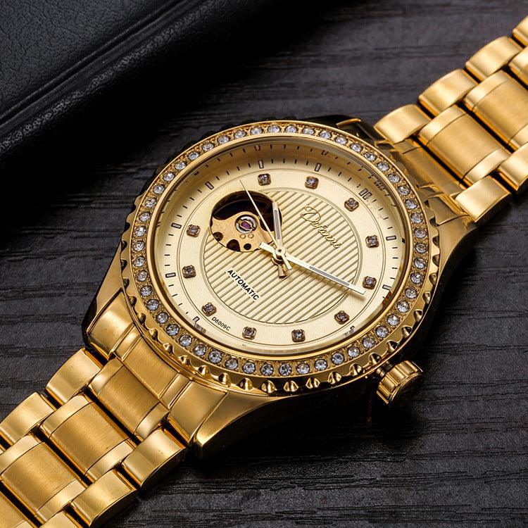 Men's gold mechanical diamond watch with gold link bracelet and cream dial