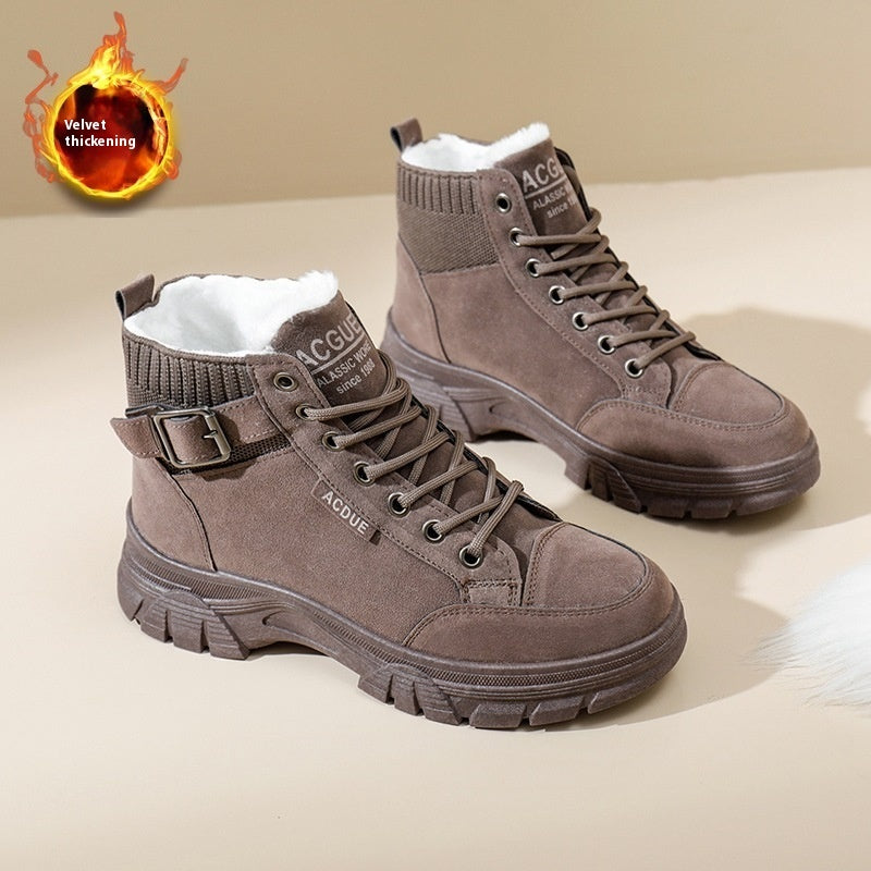 Women's Cotton-padded Shoes Round Toe Thick Bottom Fleece-lined Warm Suede Boots