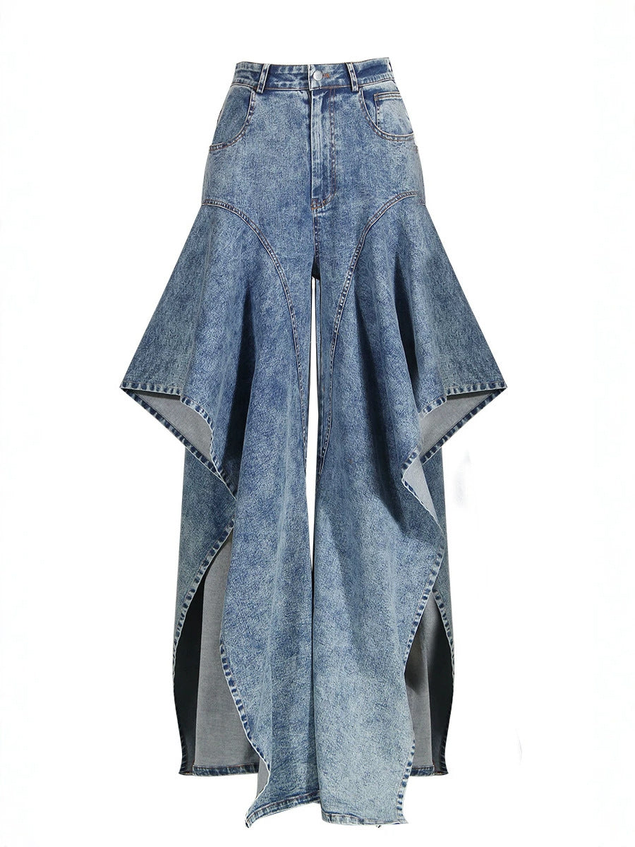 Women's Vintage Washed Denim Ruffle Wide-Leg Jeans