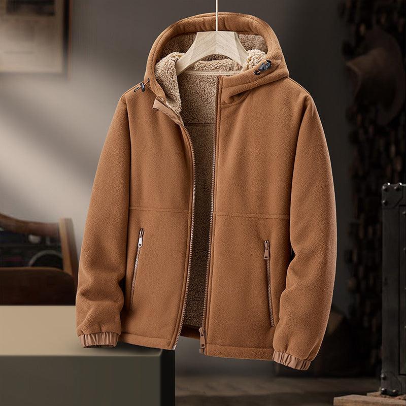 Caramel hooded lambswool fleece padded coat with full zip and drawstring hood