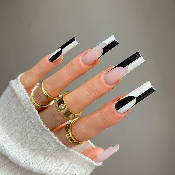 Simple Black And White Color Matching Long Nails Removable Nail Tip - WOMONA.COM