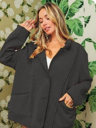Charcoal single-breasted washed fleece jacket with button front, flap pockets, long sleeves