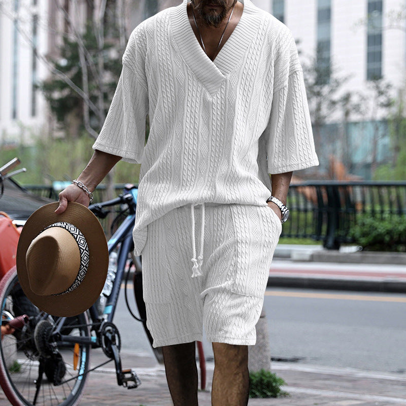 Men's Casual Loose Jacquard Knitwear Shorts Suit - WOMONA.COM