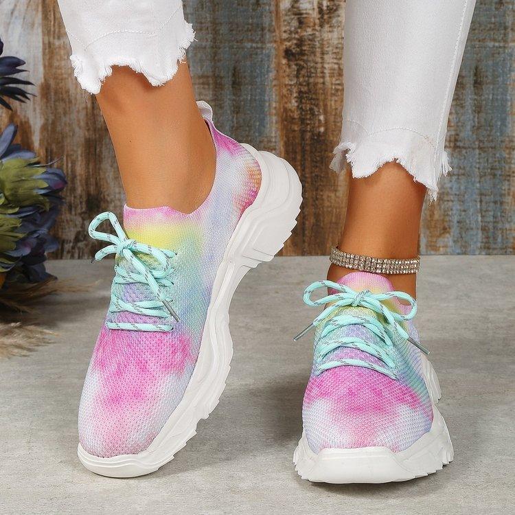 Women’s tie-dye floral casual sneakers in pink and purple with light blue laces
