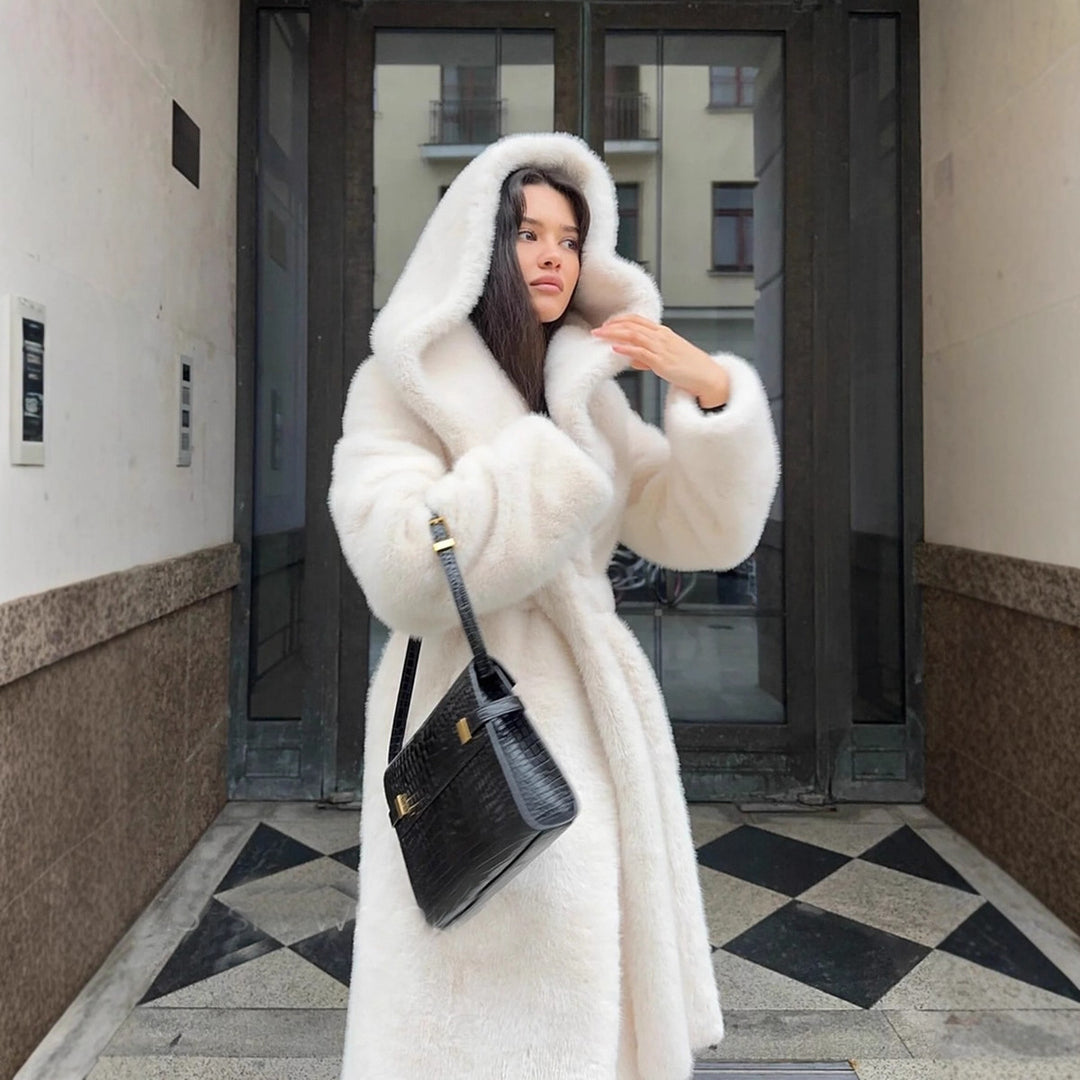 Women's hooded faux fur long coat