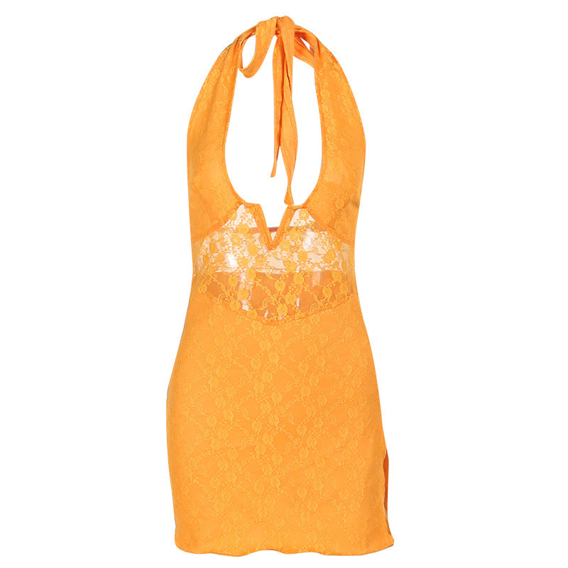 Lace V-neck Split Dress For Women - WOMONA.COM