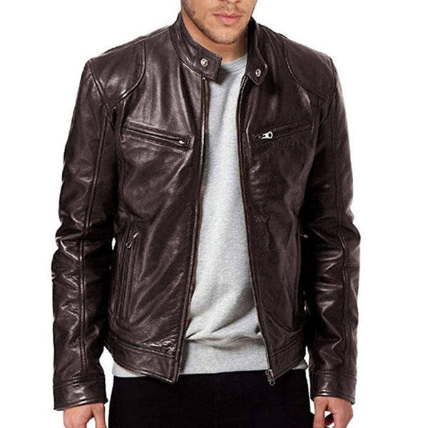 Pu Leather Collar Slim Leather Jacket - WOMONA.COM