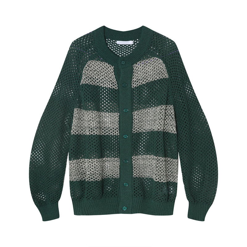 Contrast Color Striped Hollow Knitted Sweater Coat Ins - WOMONA.COM