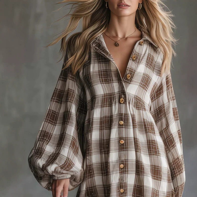 Plaid dress chest close-up with collar and button placket, dark brown and white
