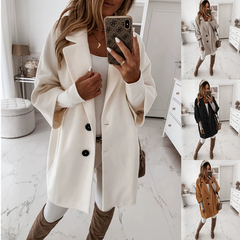 Women's lapel pocket jacket, white, double-breasted with buttons and long sleeves