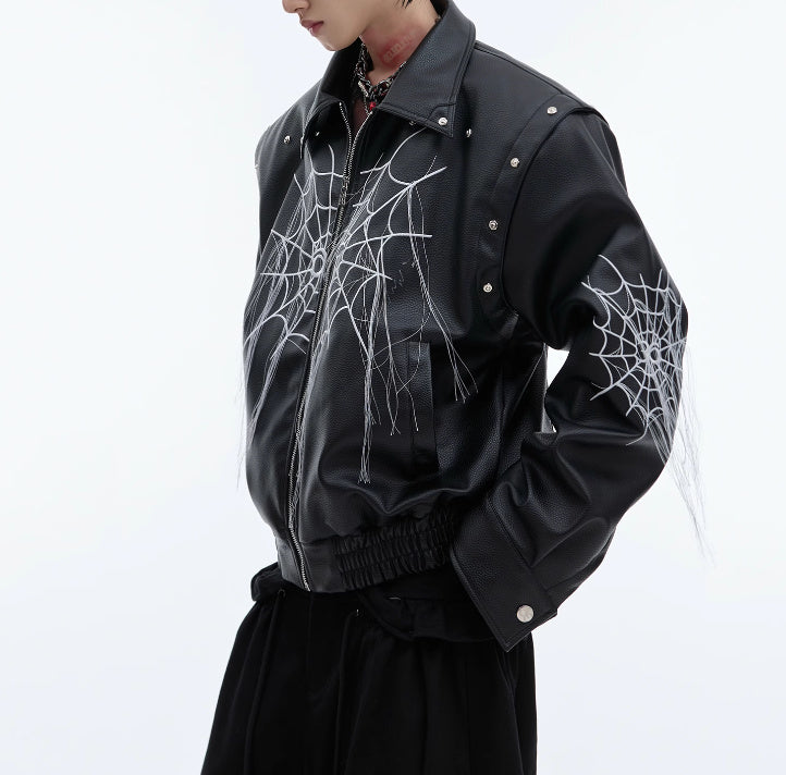 Niche Spider Web Tassel Design Motorcycle Leather Coat