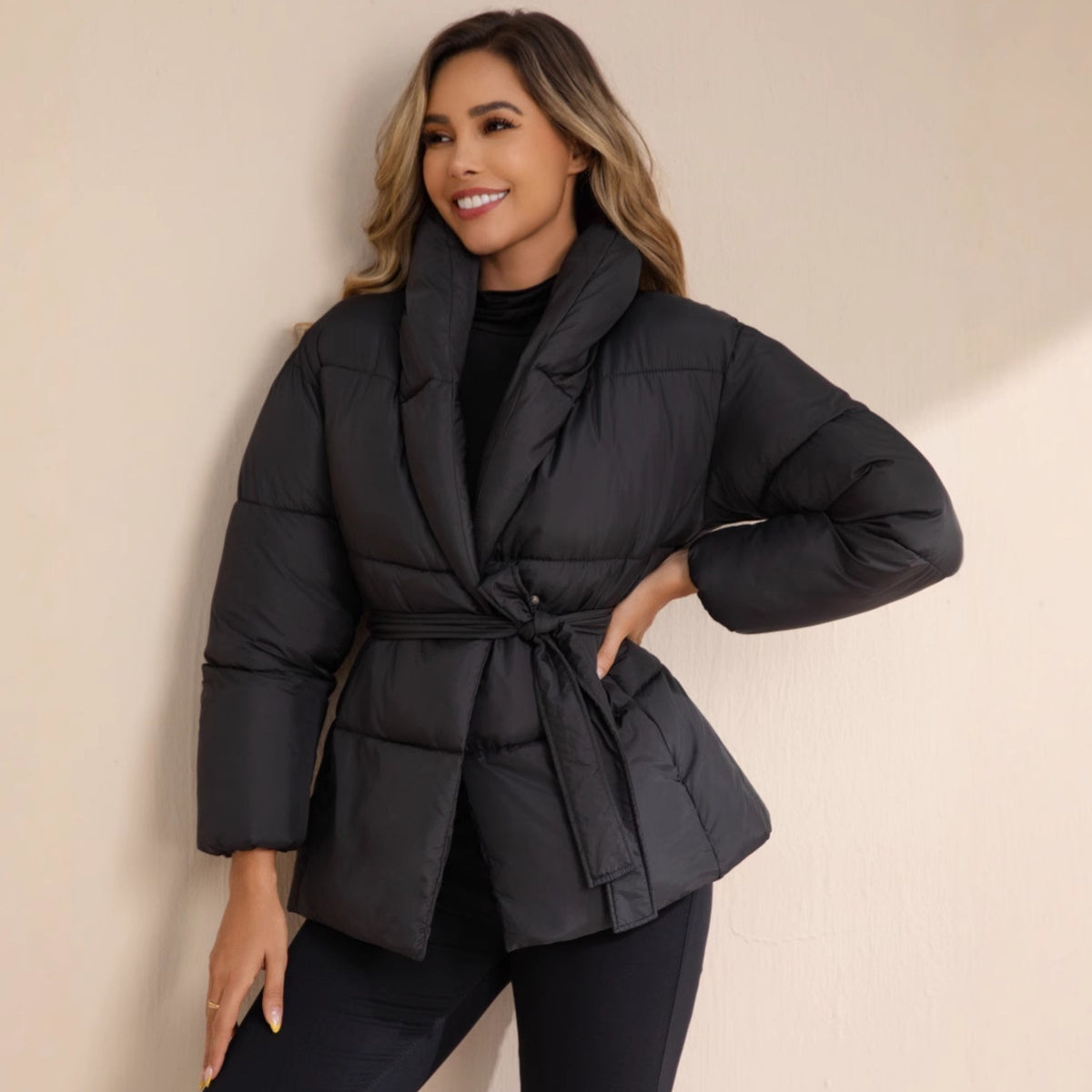 Black cropped puffer coat with lapel collar and waist tie belt