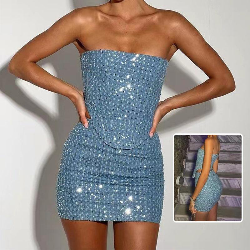 Blue sequin tube top and mini skirt set, fitted strapless style