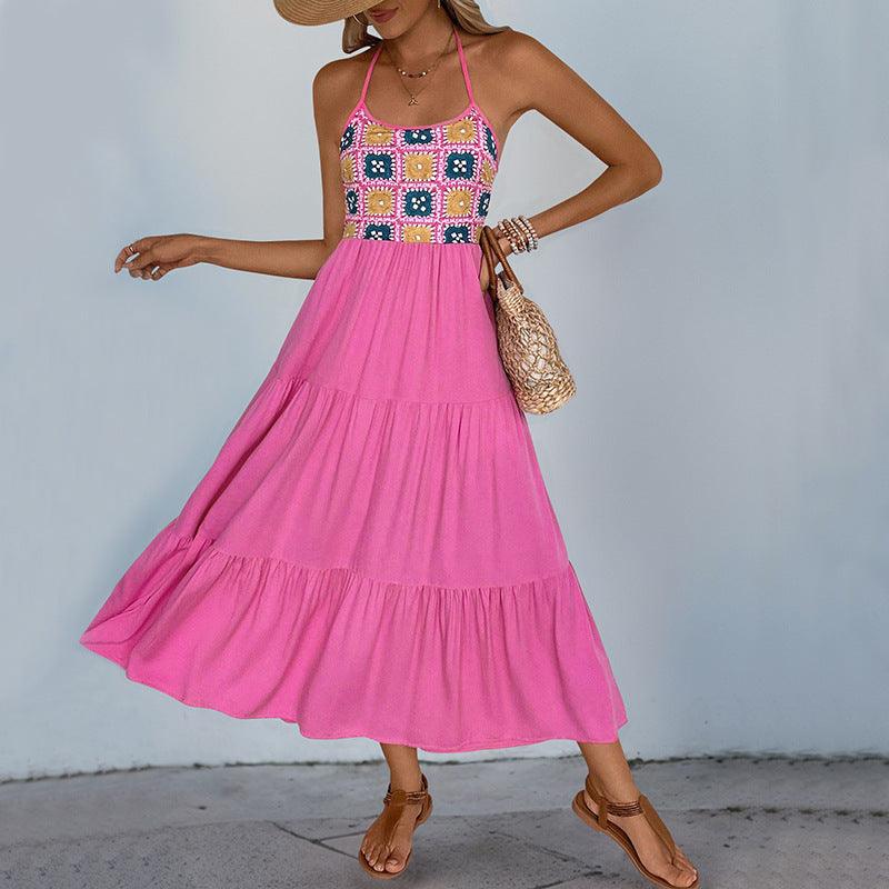 Rose red tiered halter sundress with colorful square print bodice and adjustable straps