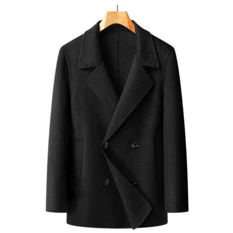 Black wool overcoat with notch lapels and double-breasted button closure