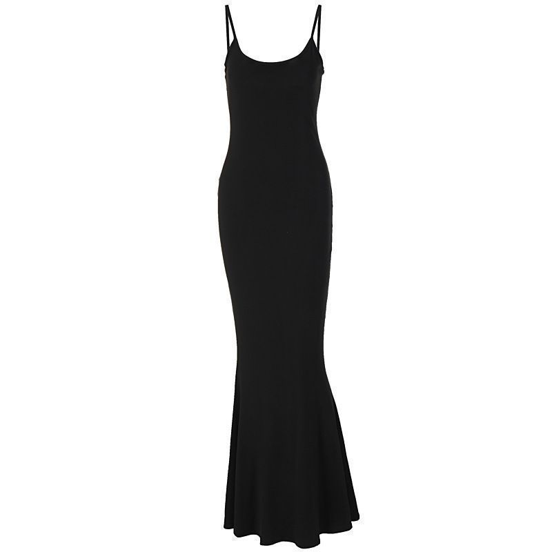 Black sleeveless fitted maxi dress with spaghetti straps and mermaid hem.