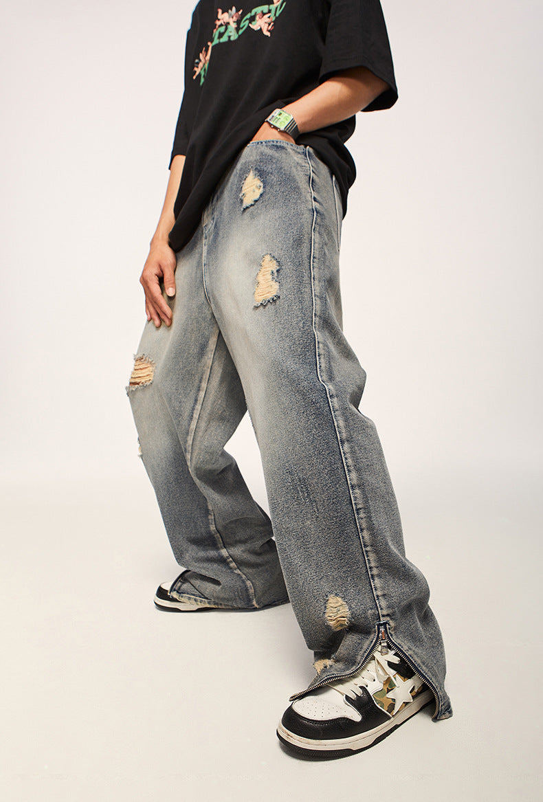 High Street Heavy Industry Water Washed Hole Jeans - WOMONA.COM