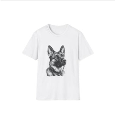 White sports t-shirt with black dog-head digital print, shorter view