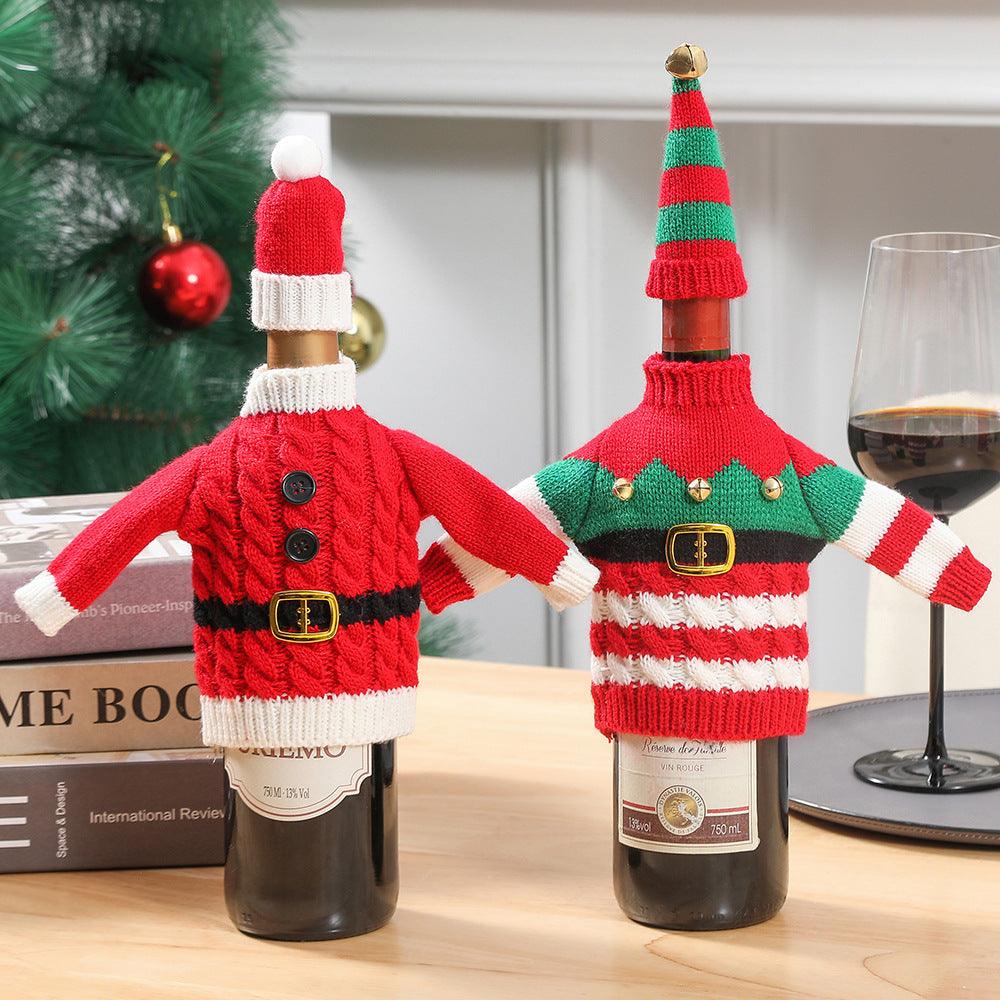 Knitted bottle decoration set: red Santa-style sweater and green striped tree sweater