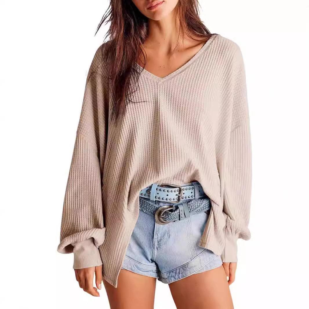 Women's Waffle Knit Blouse Lantern Sleeve Casual Shirt - WOMONA.COM