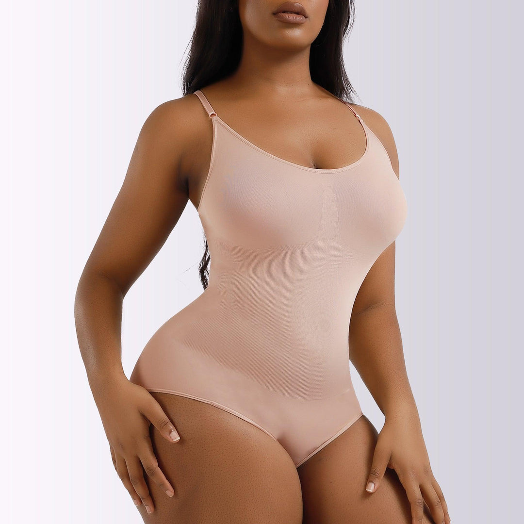 Nude seamless postpartum bodysuit with spaghetti straps and high-cut leg