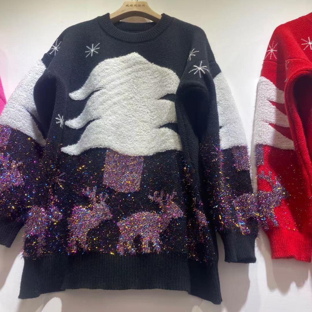 Women's mid-length Christmas sweater, dark knit with white tree and glittery purple band
