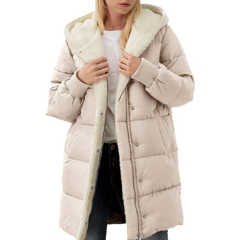 Apricot hooded cotton puffer jacket with sherpa lining and front zipper