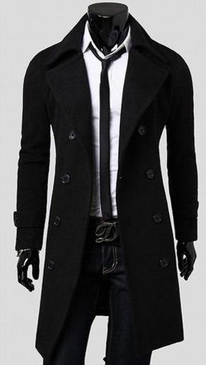 Black men's double-breasted long trench coat with lapel collar and long sleeves