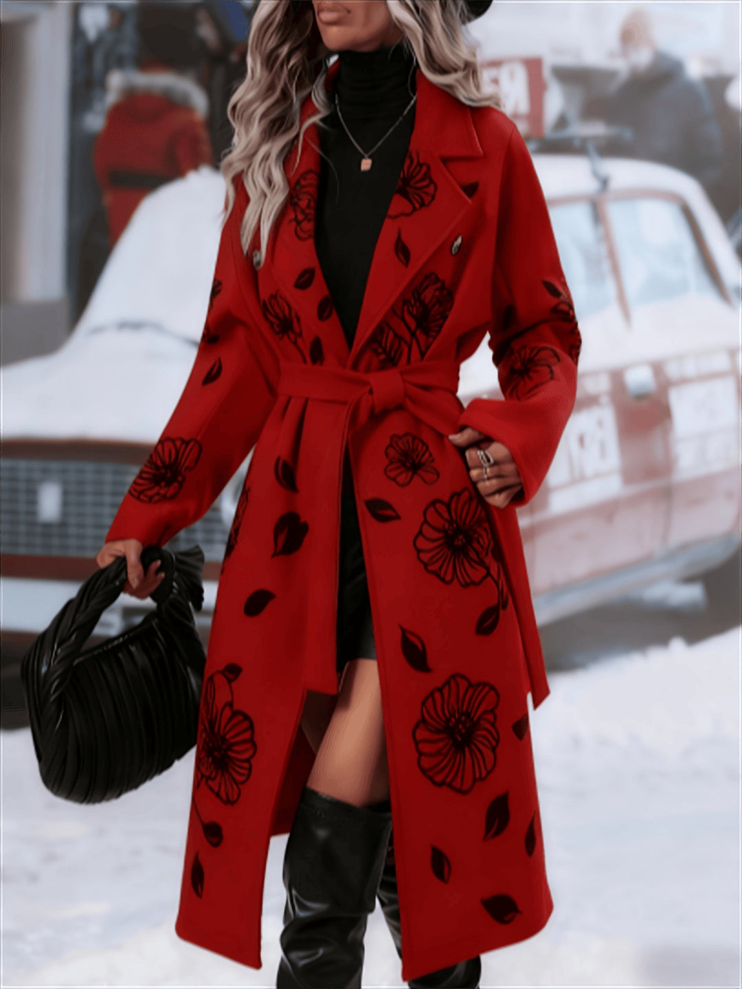 Red long coat with black floral print, front button closure, and tied waist belt