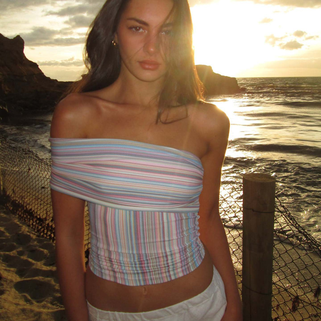 Multicolor striped off-shoulder bandeau top, fitted ruched waist