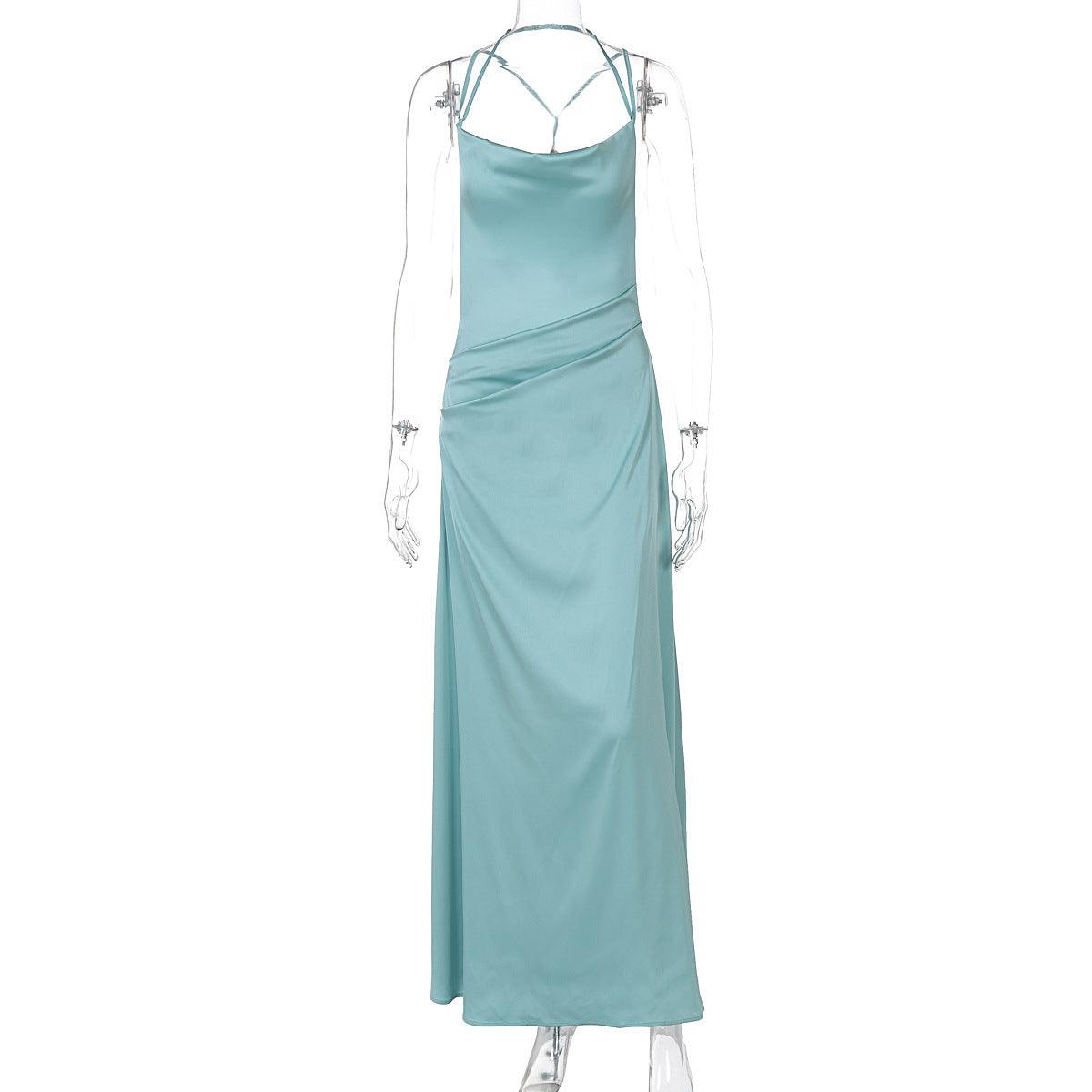 Light blue satin long dress back view with open back and thin cross straps