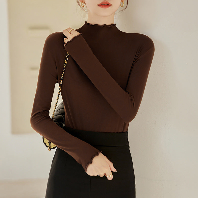 Coffee brown long-sleeve base shirt with mock neck and ruffled hem