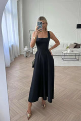 Fashion Retro Waist-controlled Square Collar Large Swing Dress - WOMONA.COM