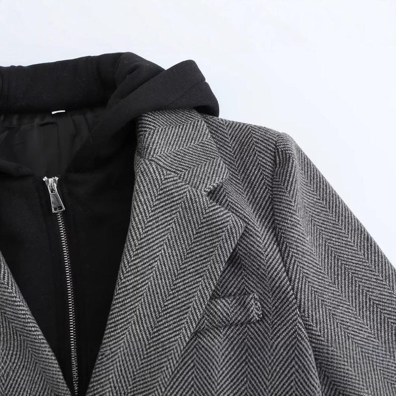 Lockere Anzugjacke aus Twill mit Kapuze und Fischgrätenmuster