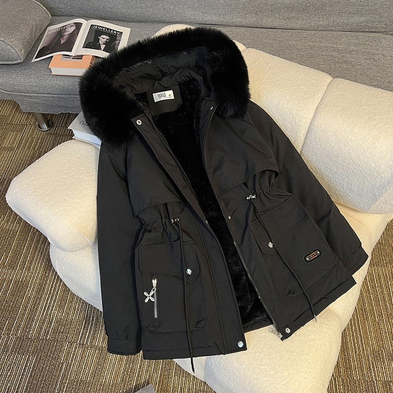 Hooded cotton-padded coat in black, front open to show lining and drawstring pocket details