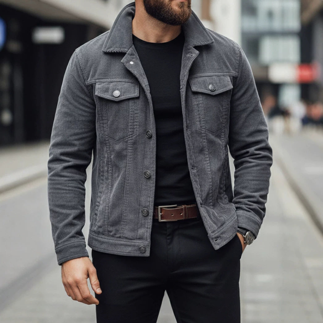 Men's gray work jacket with button front and two flap chest pockets