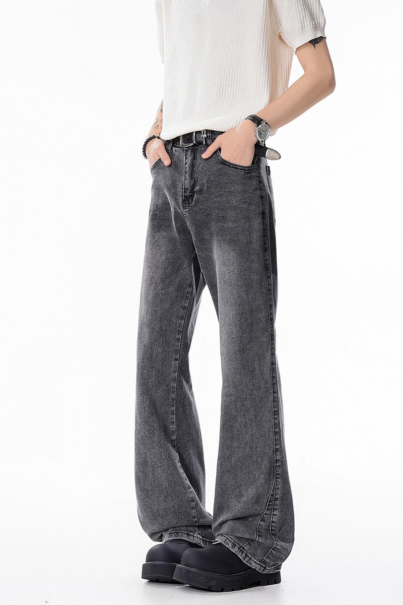Dark gray straight-leg jeans with classic five-pocket styling