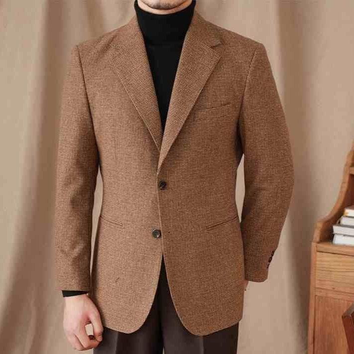 Men's brown houndstooth vintage coat, single-breasted blazer with front buttons