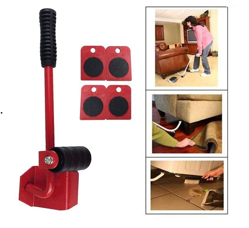 Red furniture mover lifter set with long lever, base, and suction pads