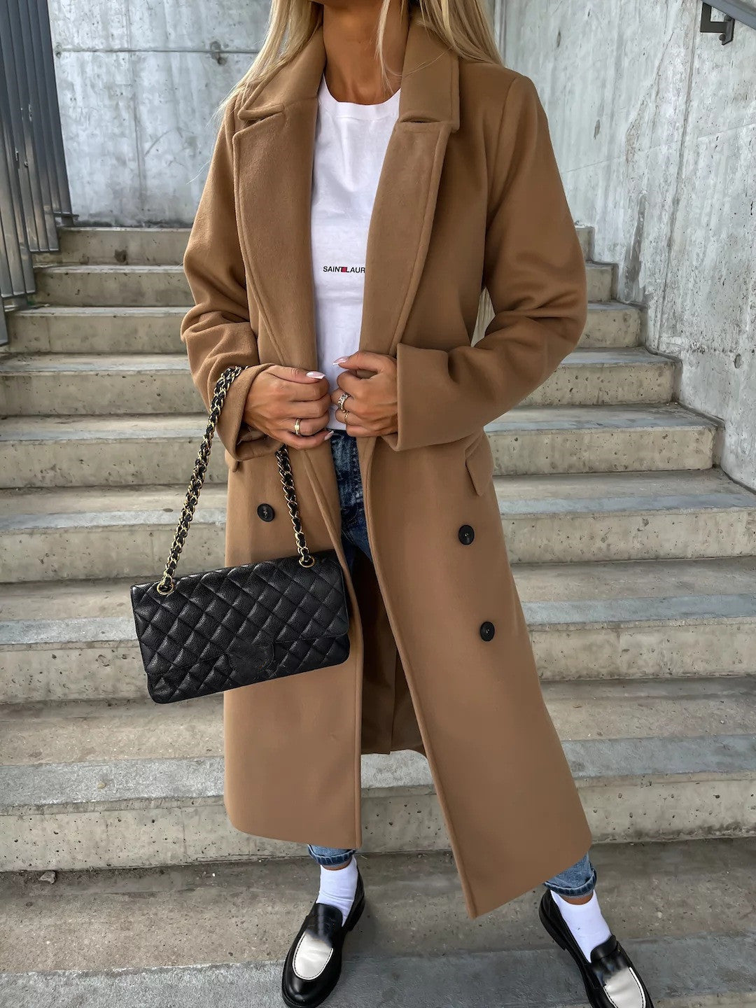 Women's double-breasted belt-detail long coat
