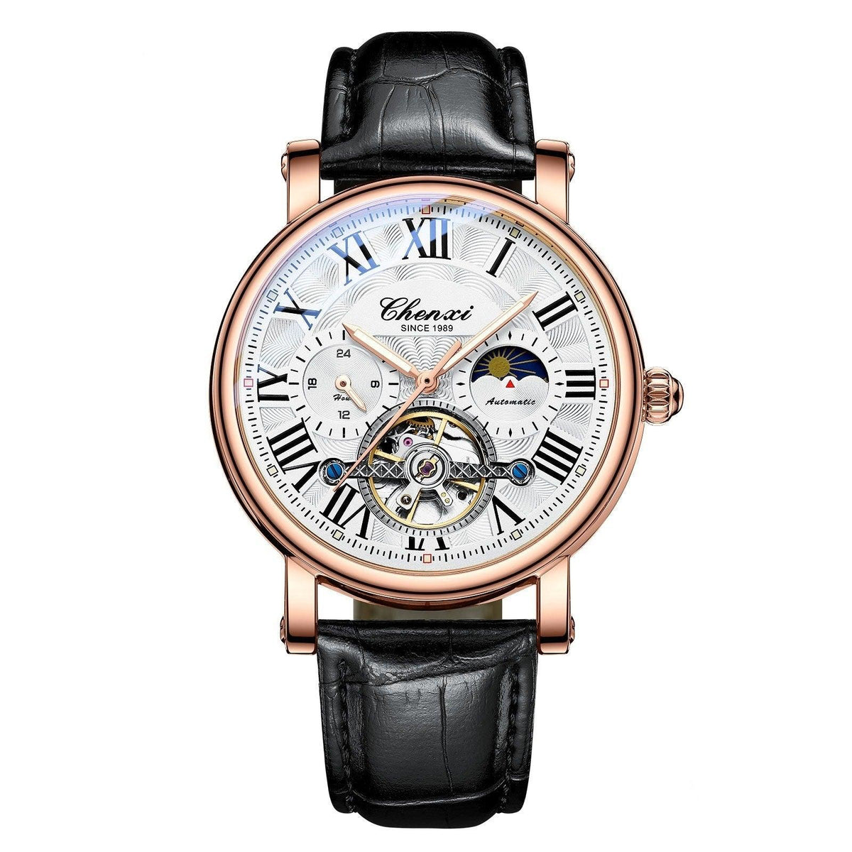 Mechanical watch with rose-gold case, white dial, and black leather strap