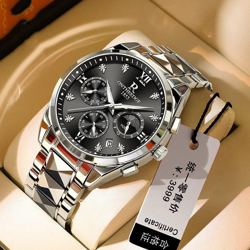 Men's business quartz watch with black dial, silver metal bracelet, chronograph subdials
