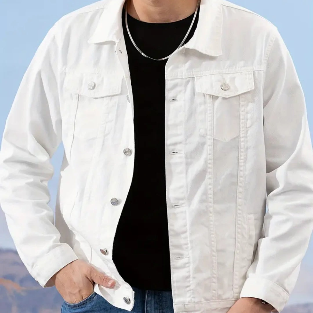 White denim jacket with button front, flap pockets, and pointed collar
