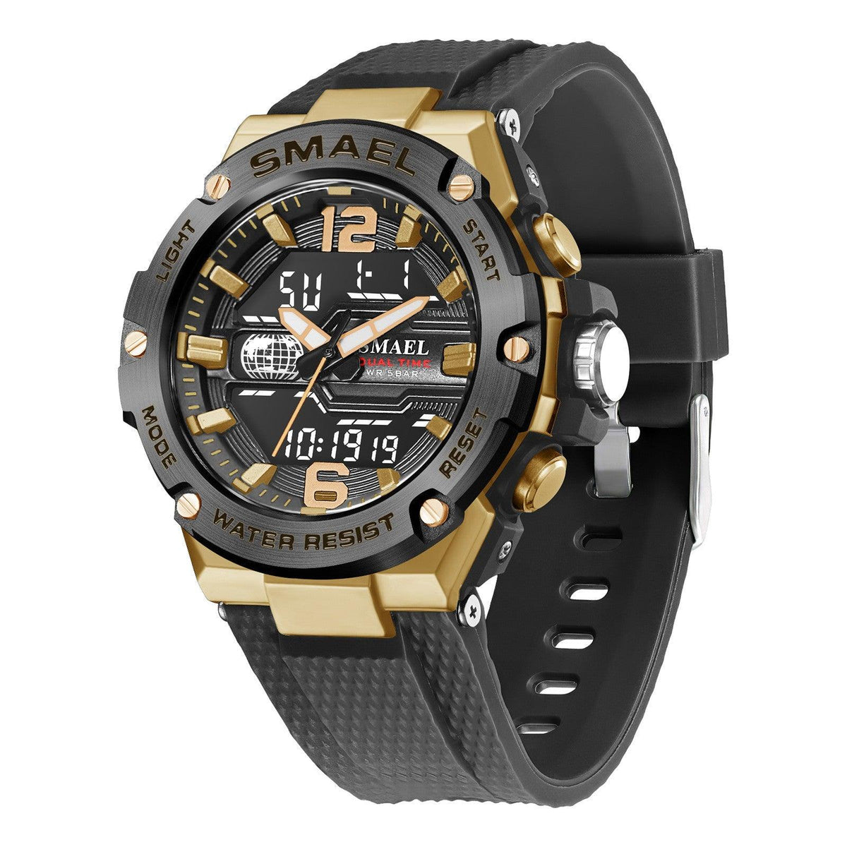 Men's quartz watch with black dial, gold-tone bezel, and black rubber strap