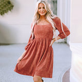 Autumn Solid Color Square Collar Puff Sleeve Waist Dress - WOMONA.COM