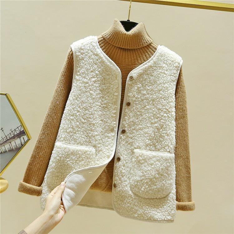 Chaleco de peluche de cordero, chaqueta camisola de piel