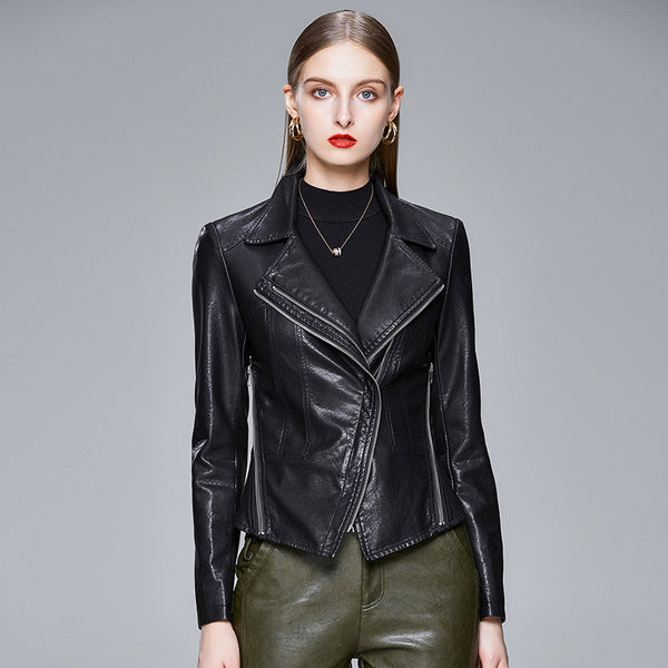 Slim-fit trendy PU ladies jacket leather - WOMONA.COM