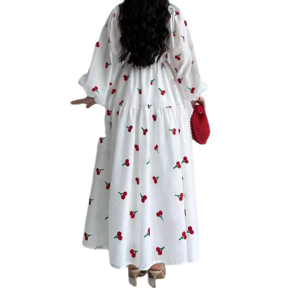 Fruit Printed Long Sleeve Waist-tight Middle East Dress - WOMONA.COM