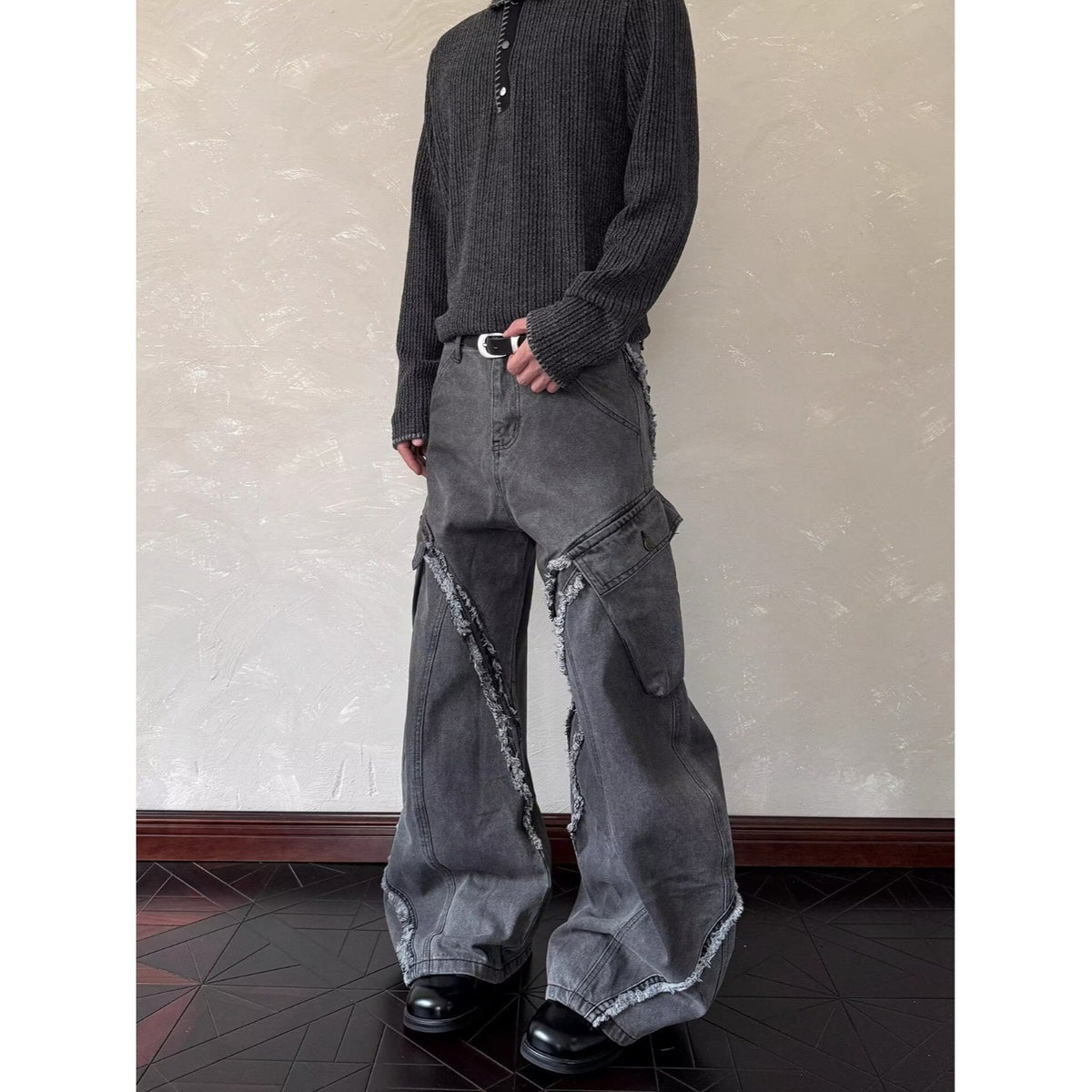 Washed Distressed Patchwork Loose Wide-Leg Pants For Men