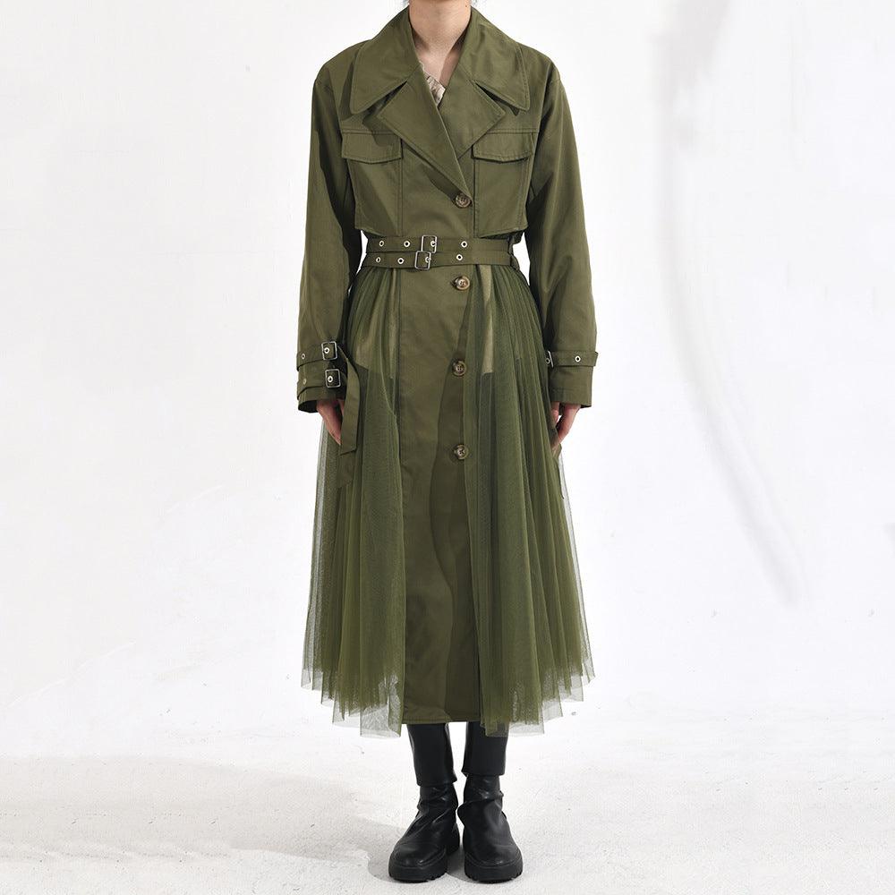 Women’s green windbreaker coat with belted waist and mesh tulle hem overlay